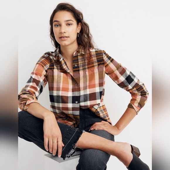 Madewell Classic Ex-Boyfriend Shirt in Coral Seconda Plaid, Size XS - Picture 1 of 10